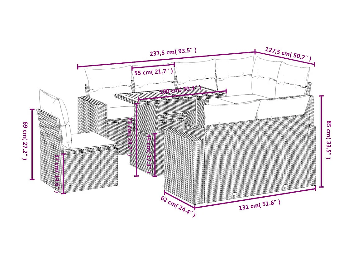 Salon de jardin 9 pcs avec coussins gris résine tressée