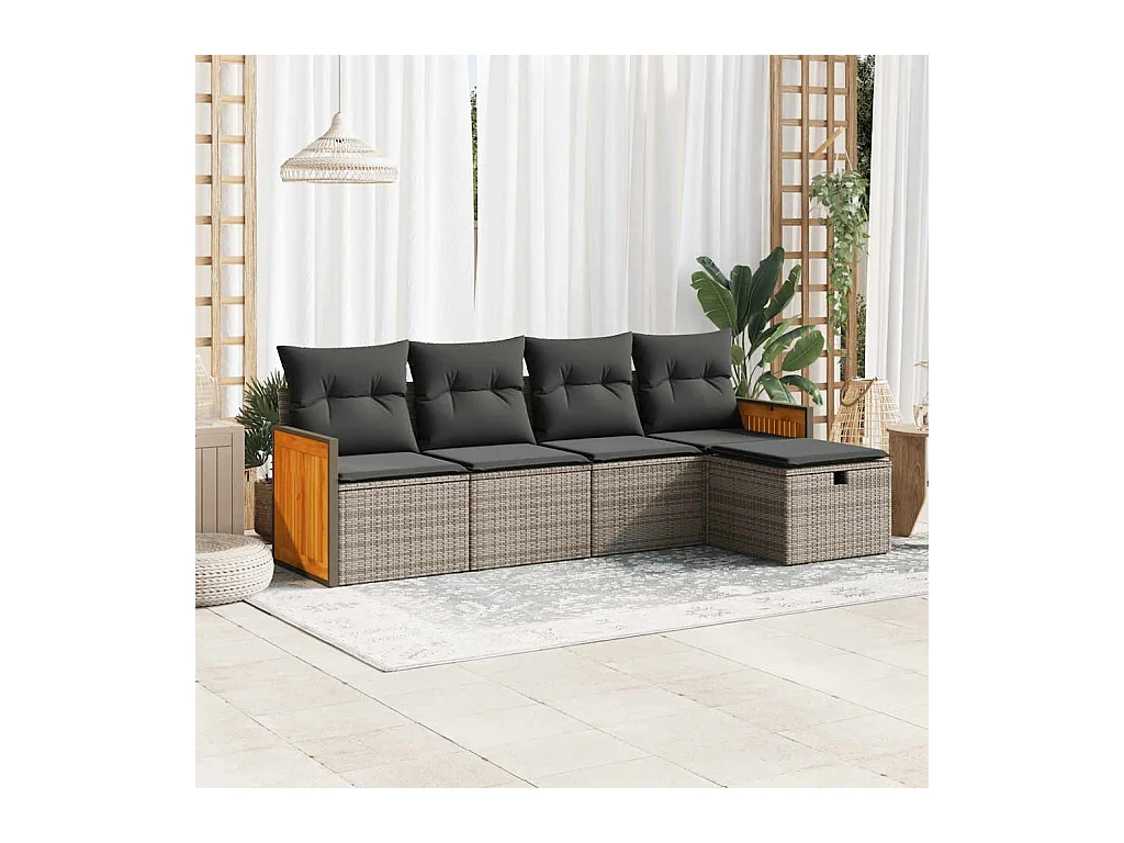 Salon de jardin 5 pcs avec coussins gris résine tressée
