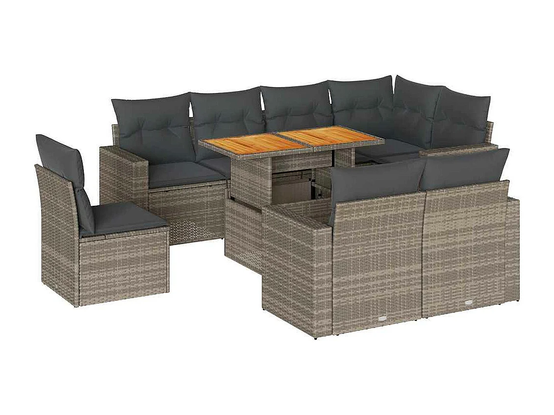 Salon de jardin 9 pcs avec coussins gris résine tressée