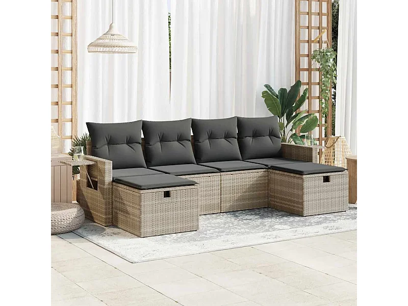 Salon de jardin 6 pcs avec coussins gris clair résine tressée