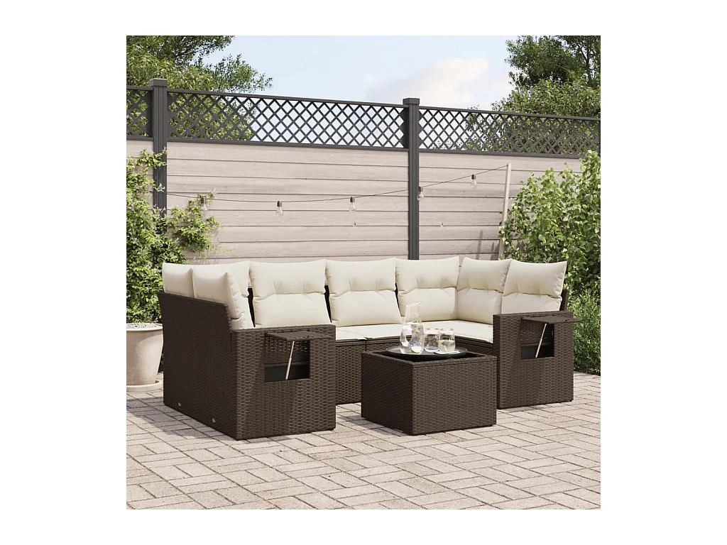 Salon de jardin avec coussins 7 pcs marron résine tressée