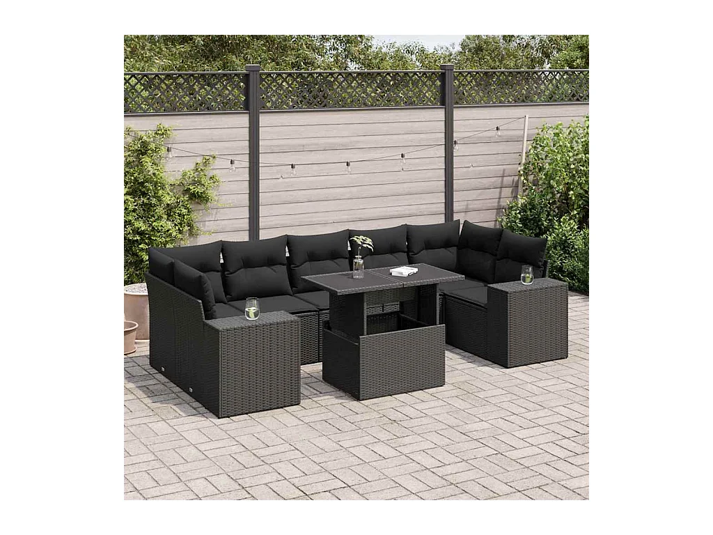 Salon de jardin 8 pcs avec coussins noir résine tressée