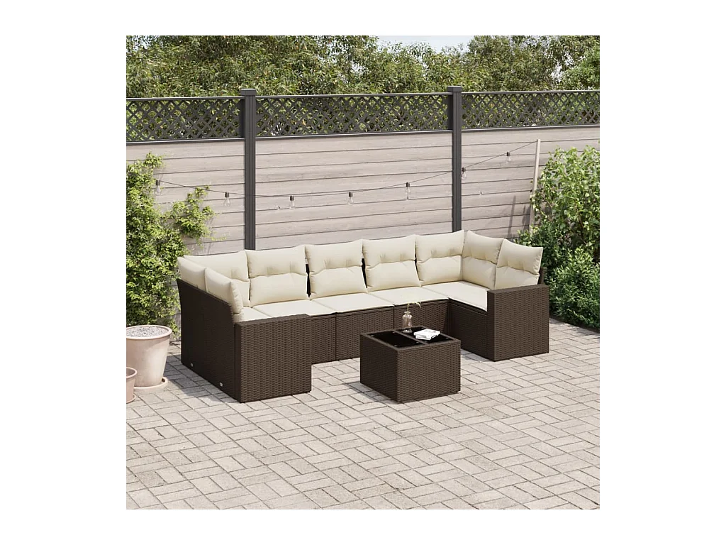Set di mobili da giardino da 8 pezzi con cuscini marroni in resina intrecciata