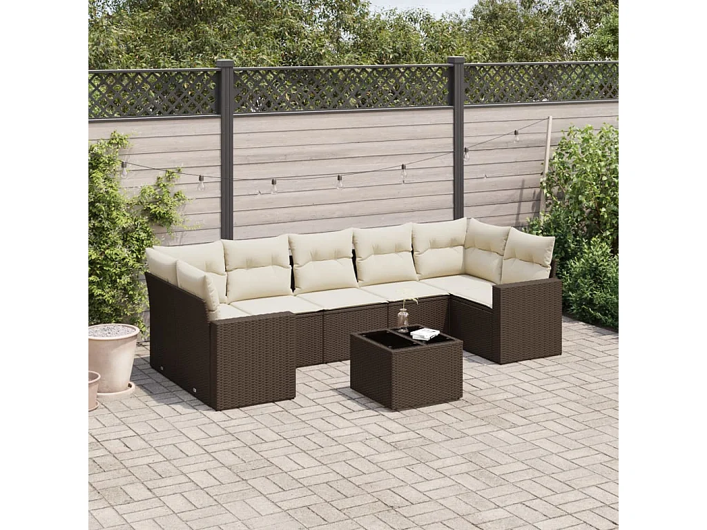 Salon de jardin 8 pcs avec coussins marron résine tressée