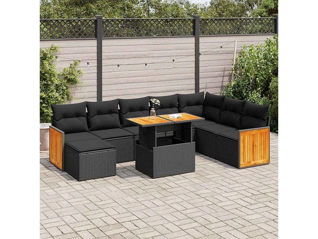 Set mobili da giardino con cuscini 9 pezzi resina nera vimini acacia