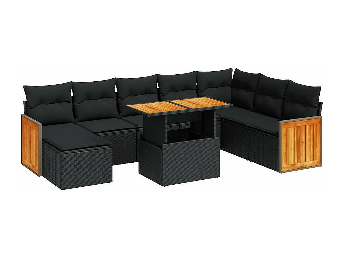 Set mobili da giardino con cuscini 9 pezzi resina nera vimini acacia
