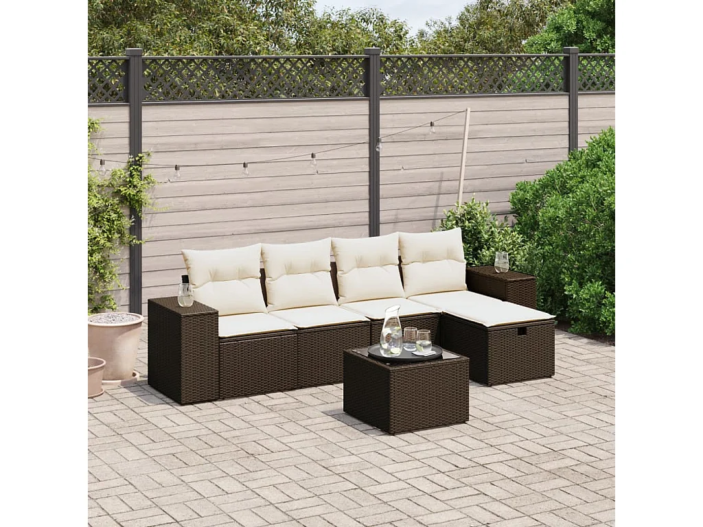 Salon de jardin avec coussins 6 pcs marron résine tressée
