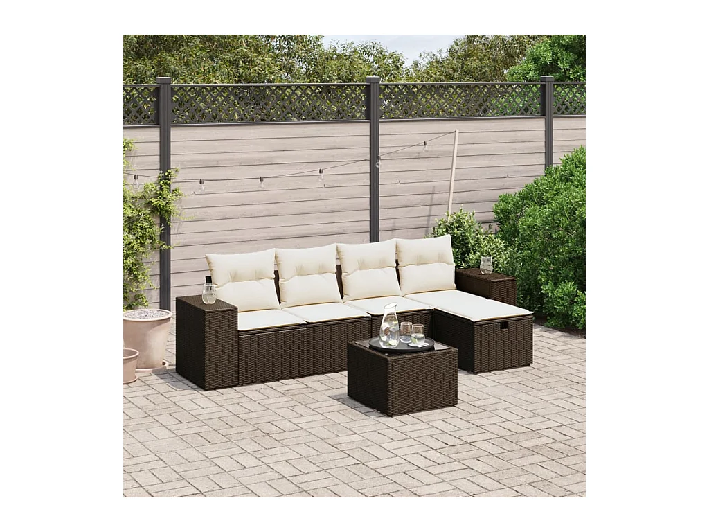 Salon de jardin avec coussins 6 pcs marron résine tressée