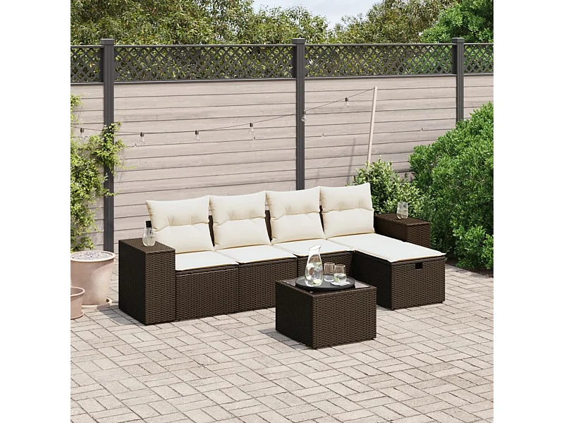 Salon de jardin avec coussins 6 pcs marron résine tressée