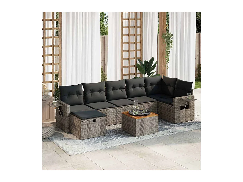 Salon de jardin 8 pcs avec coussins gris résine tressée