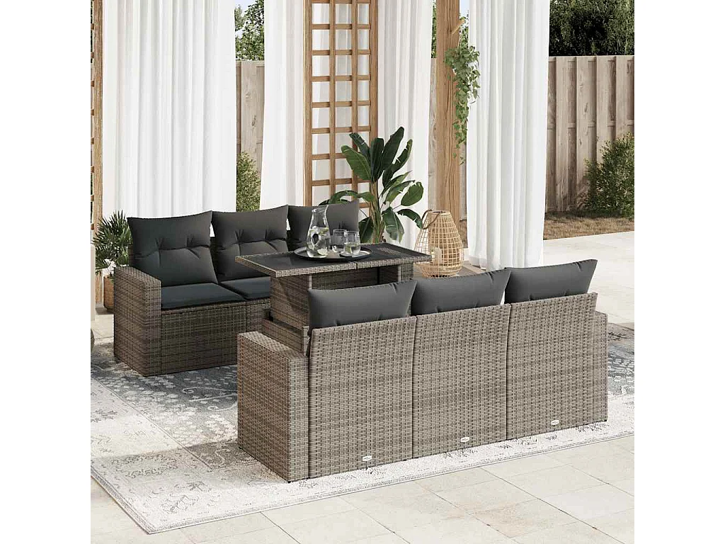Salon de jardin avec coussins 7 pcs gris résine tressée