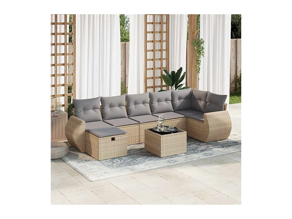 Salon de jardin avec coussins 8 pcs beige résine tressée
