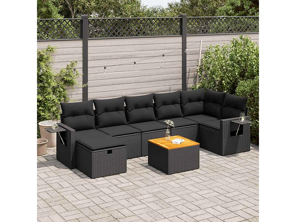 Salon de jardin 8 pcs avec coussins noir résine tressée