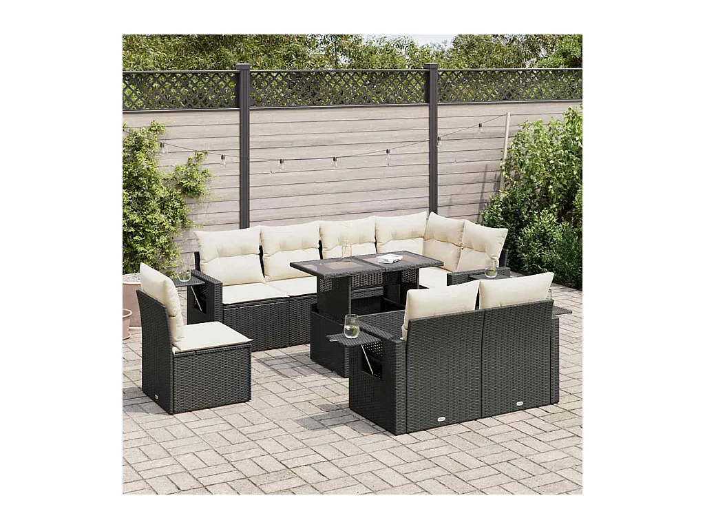 Salon de jardin 9 pcs avec coussins noir résine tressée