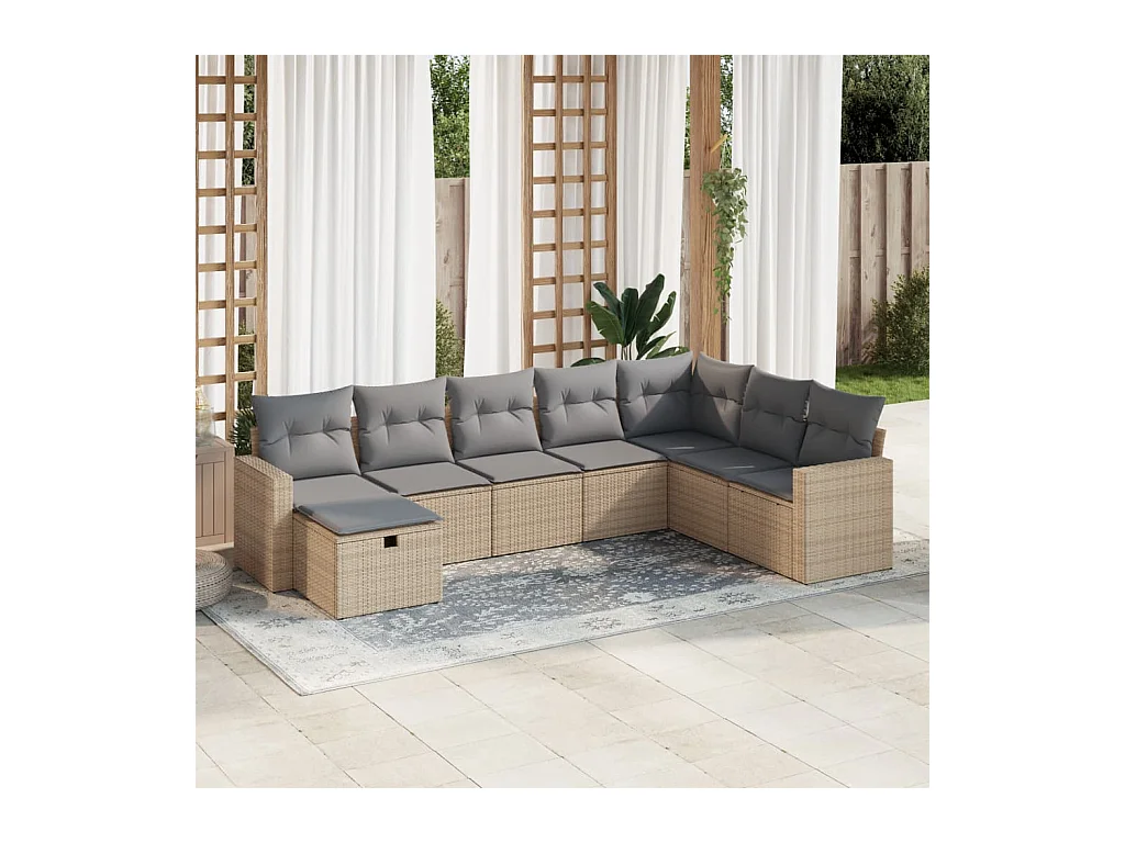Salon de jardin avec coussins 8 pcs beige résine tressée