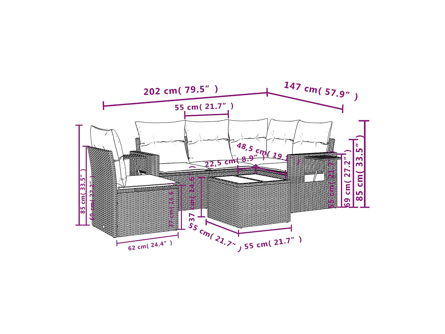 Salon de jardin avec coussins 6 pcs marron résine tressée