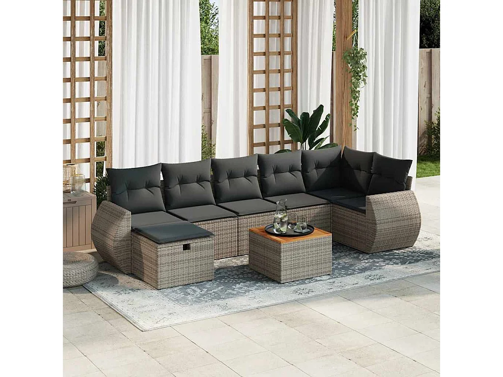 Salon de jardin 8 pcs avec coussins gris résine tressée