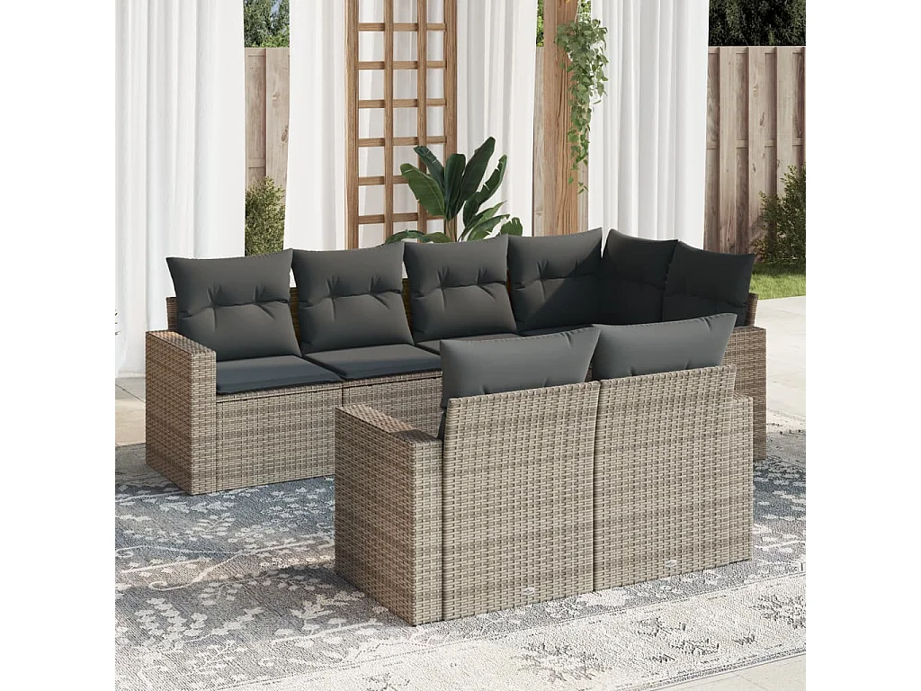 Salon de jardin avec coussins 7 pcs gris résine tressée