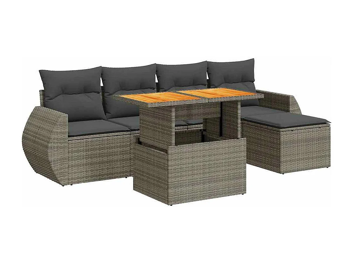 Salon de jardin 6 pcs avec coussins gris résine tressée