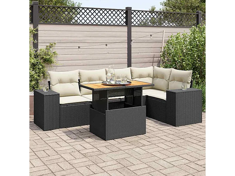 Salon de jardin 6 pcs avec coussins noir résine tressée