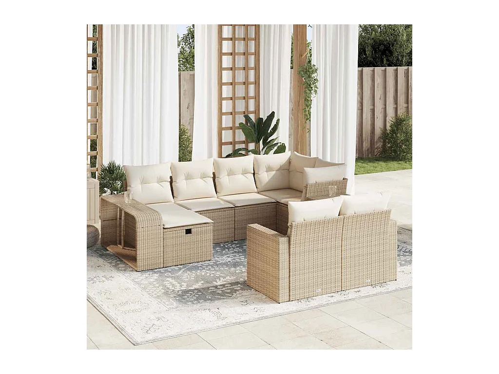 Salon de jardin avec coussins 10 pcs beige résine tressée