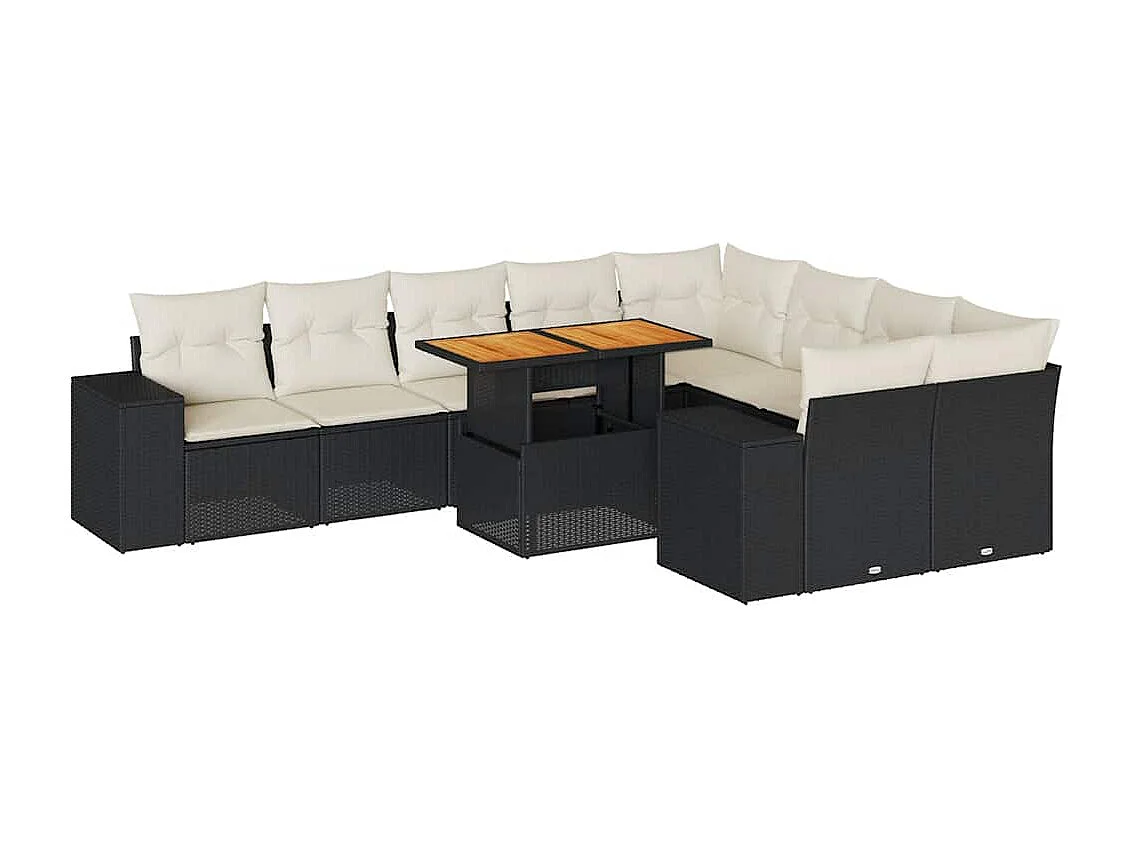 Conjunto de móveis de jardim de 10 peças com almofadas pretas em vime de resina de acácia