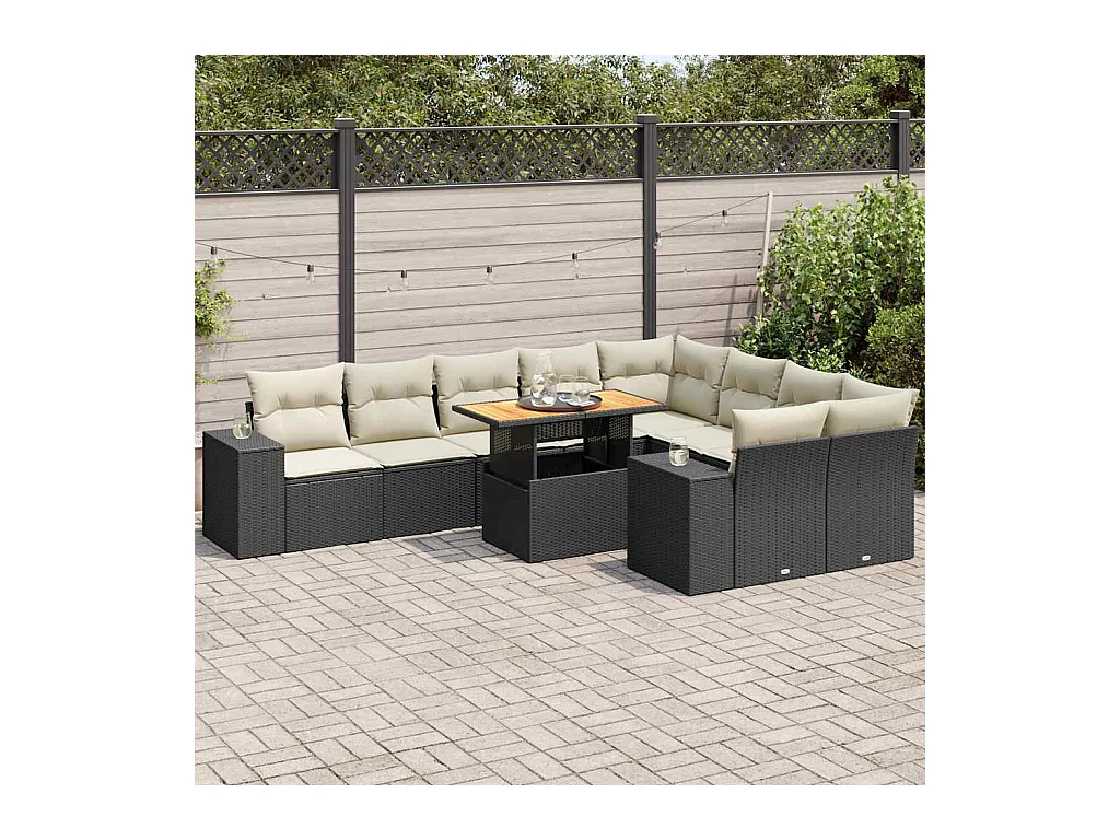 Salon de jardin 10 pcs avec coussins noir résine tressée acacia