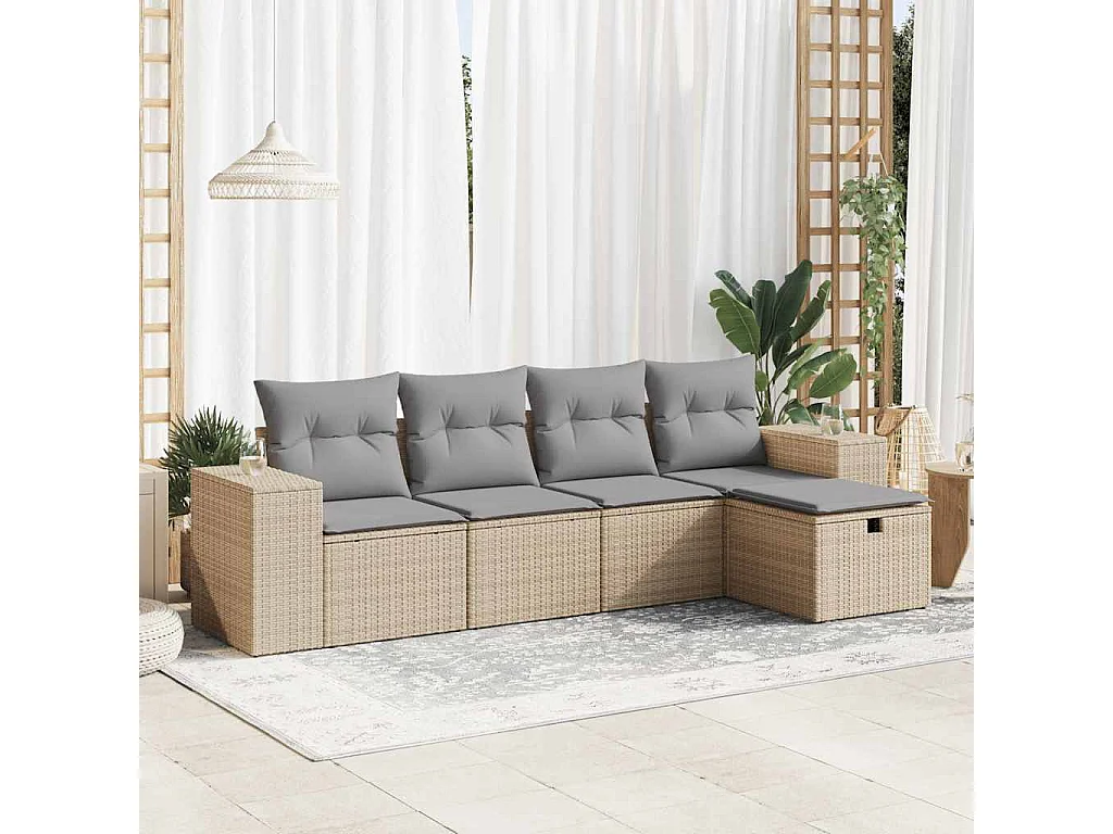 Salon de jardin avec coussins 5 pcs beige résine tressée