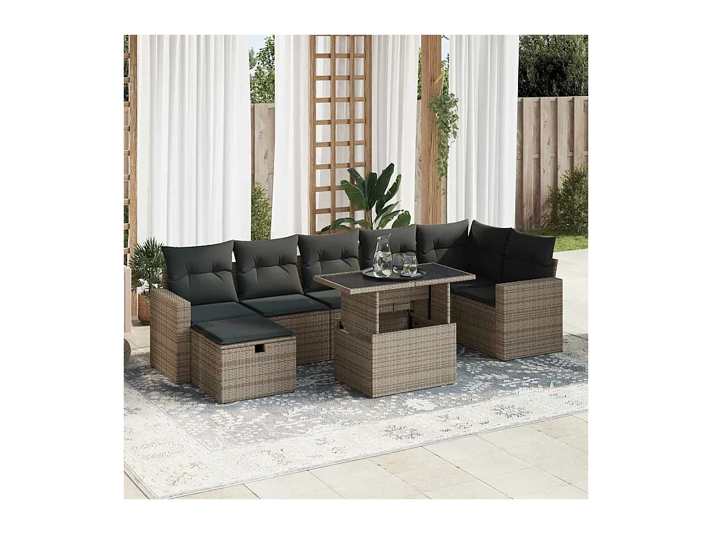 Salon de jardin 8 pcs avec coussins gris résine tressée