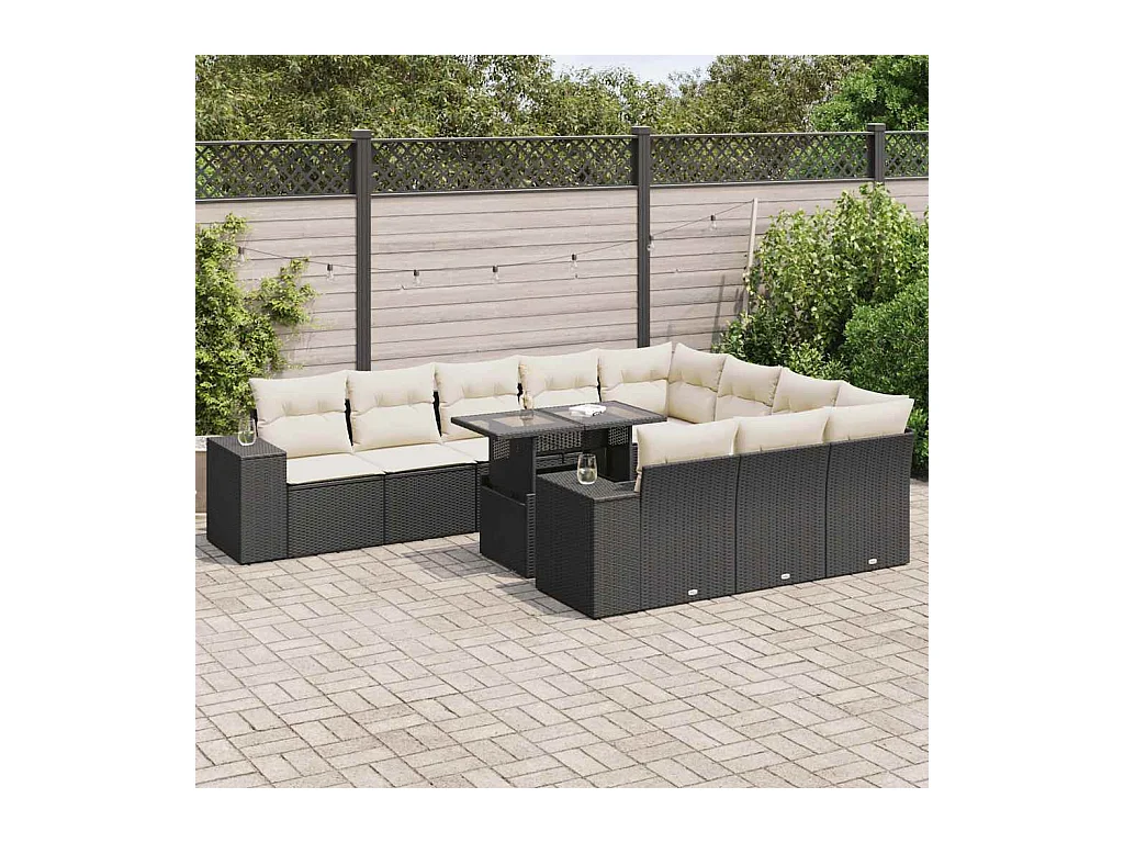 Salon de jardin 11 pcs avec coussins noir résine tressée