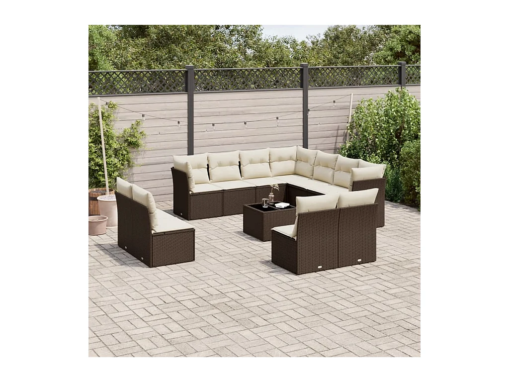 Salon de jardin avec coussins 12 pcs marron résine tressée