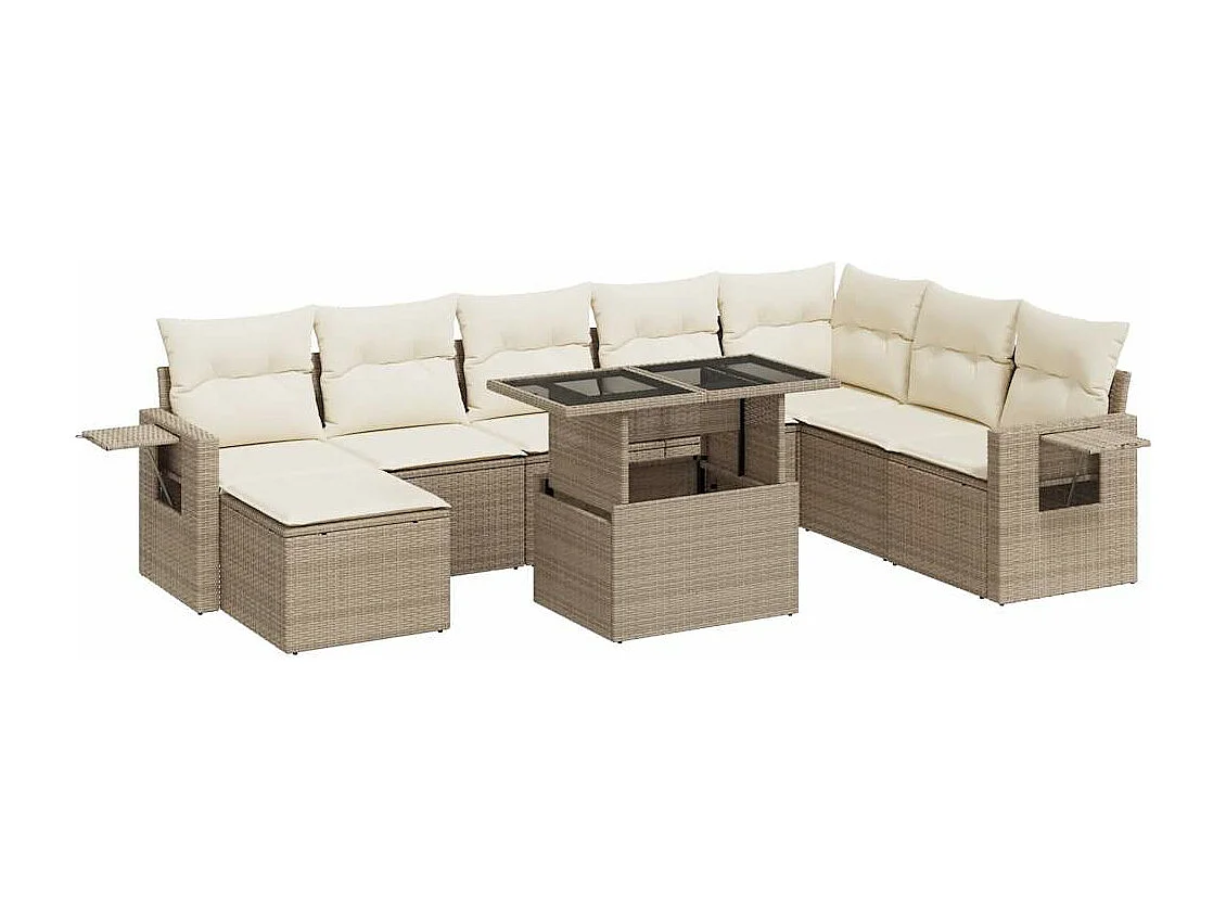 Set mobili da giardino con cuscini 9 pezzi in resina intrecciata beige