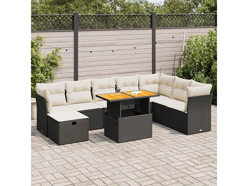 Salon de jardin avec coussins 9 pcs noir résine tressée acacia