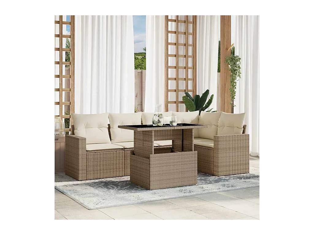 Salon de jardin avec coussins 6 pcs beige résine tressée