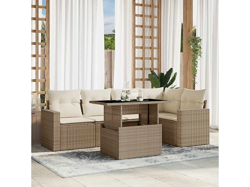 Salon de jardin avec coussins 6 pcs beige résine tressée