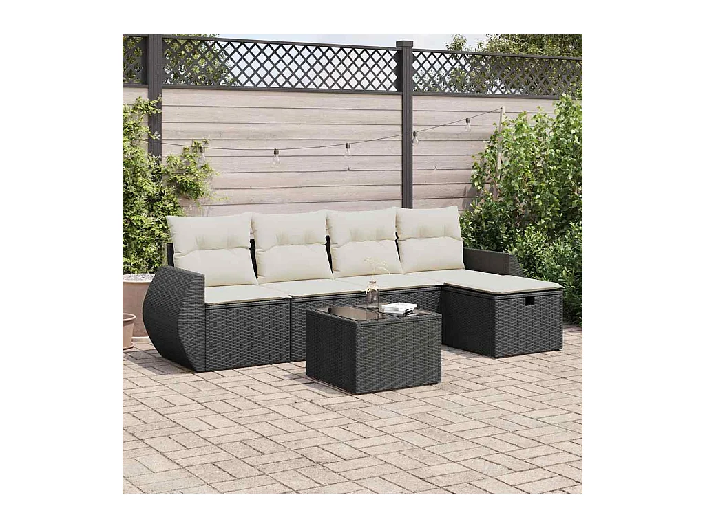 Salon de jardin 6 pcs avec coussins noir résine tressée