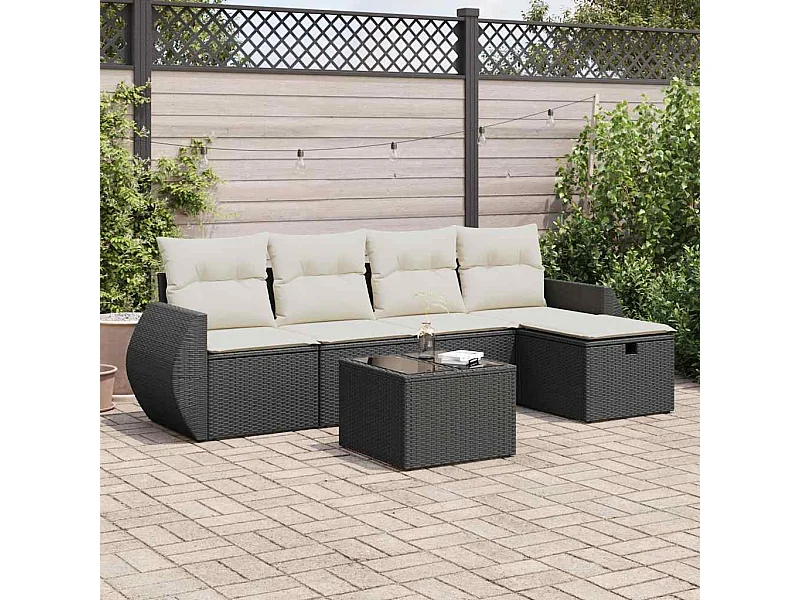 Salon de jardin 6 pcs avec coussins noir résine tressée
