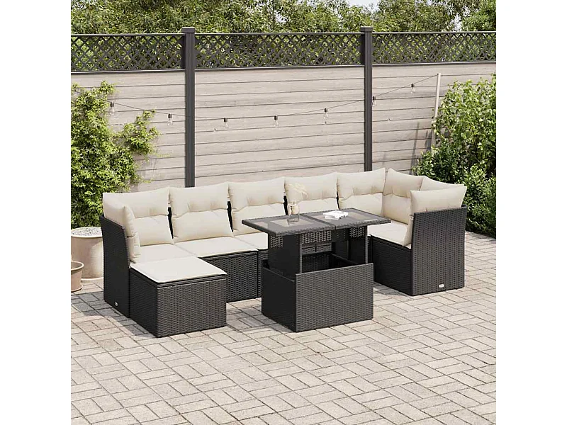 Salon de jardin 8 pcs avec coussins noir résine tressée