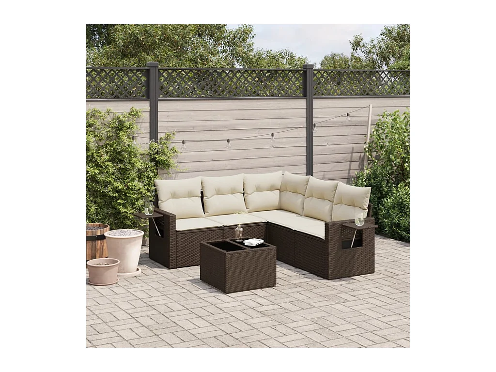 Conjunto de muebles de jardín con cojines 6 piezas resina tejida marrón