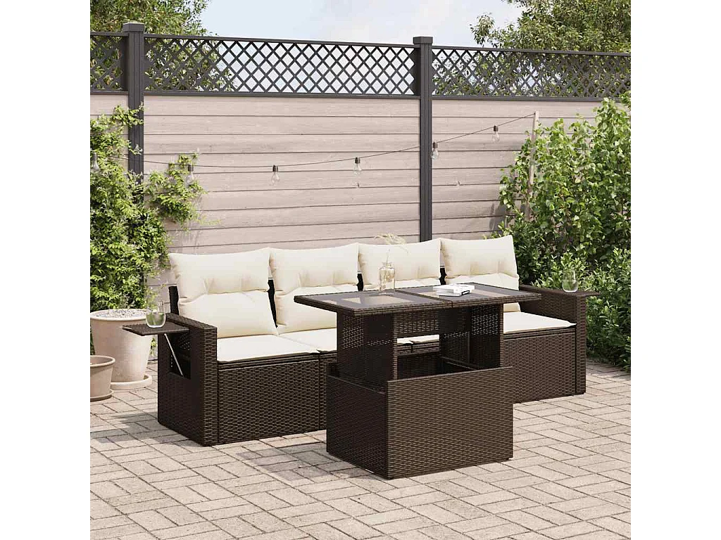 Set di mobili da giardino con cuscini 5 pezzi in resina intrecciata marrone
