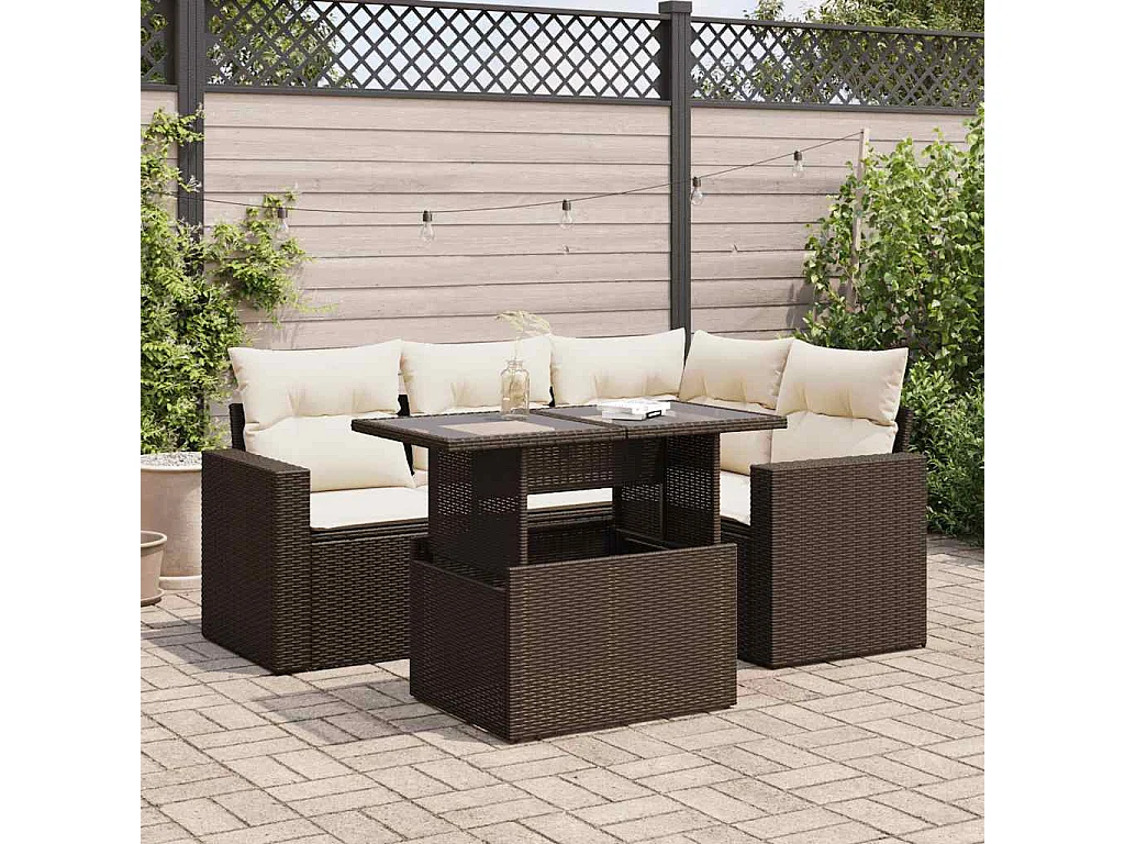 Salon de jardin avec coussins 5 pcs marron résine tressée