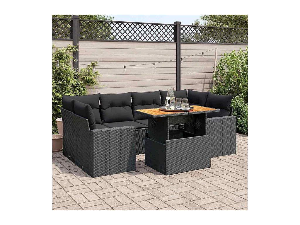 Salon de jardin 7 pcs avec coussins noir résine tressée