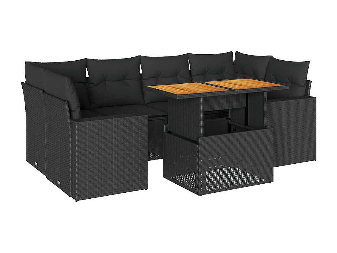 Salon de jardin 7 pcs avec coussins noir résine tressée