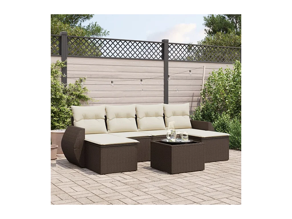 Salon de jardin avec coussins 7 pcs marron résine tressée