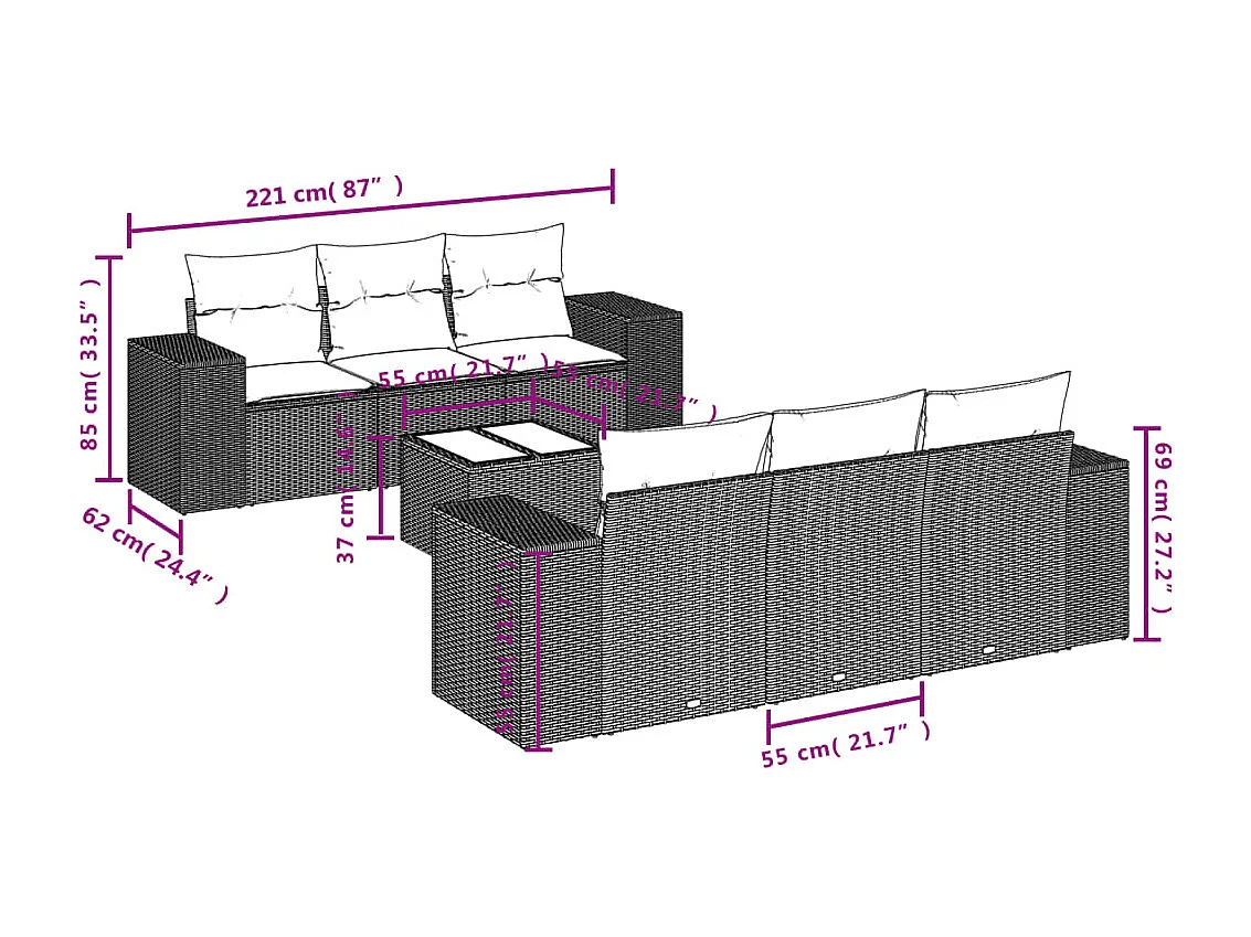 Salon de jardin avec coussins 7 pcs marron résine tressée