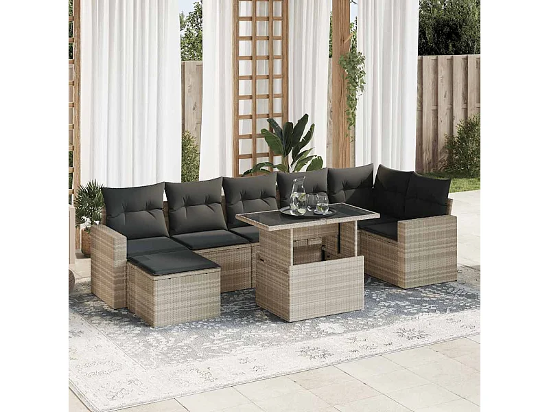 Salon de jardin 8 pcs avec coussins gris clair résine tressée