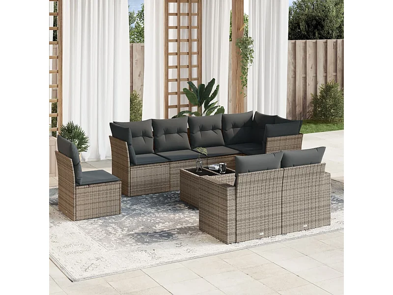 Conjunto de muebles de jardín de 9 piezas con cojines grises en resina trenzada