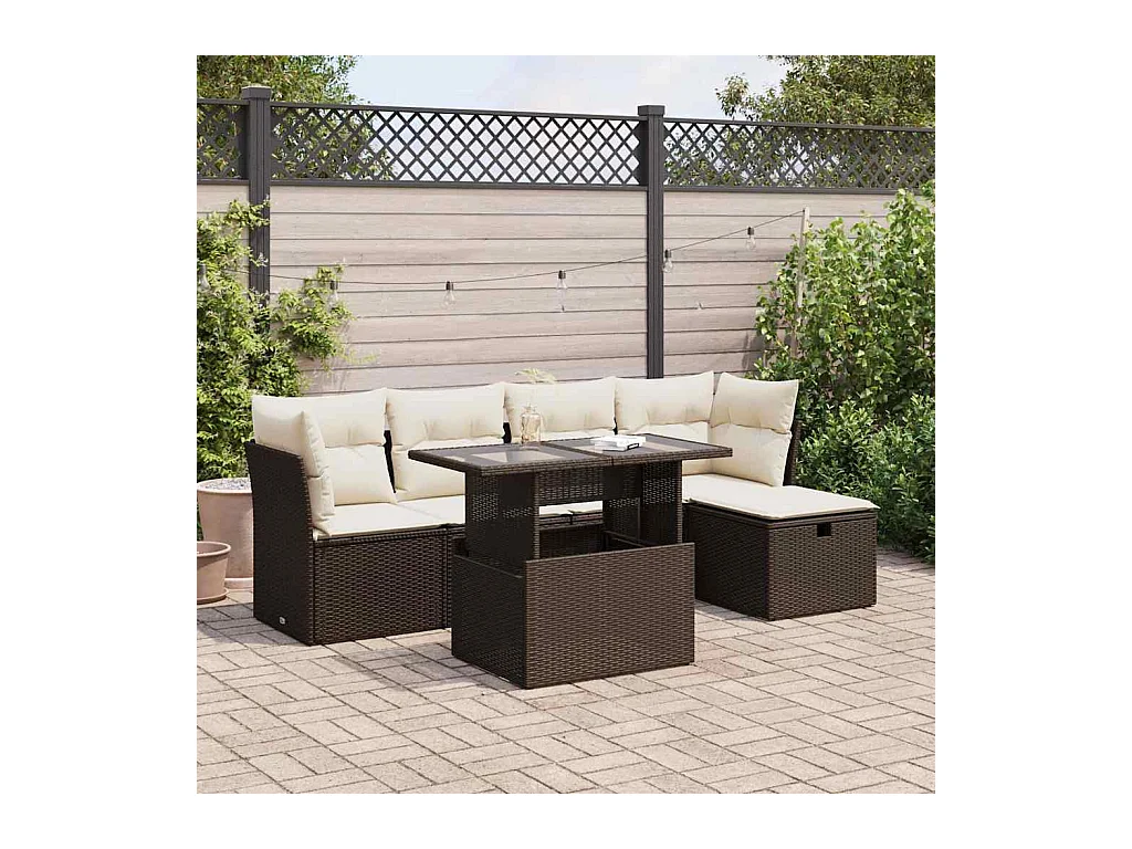 Salon de jardin avec coussins 6 pcs marron résine tressée