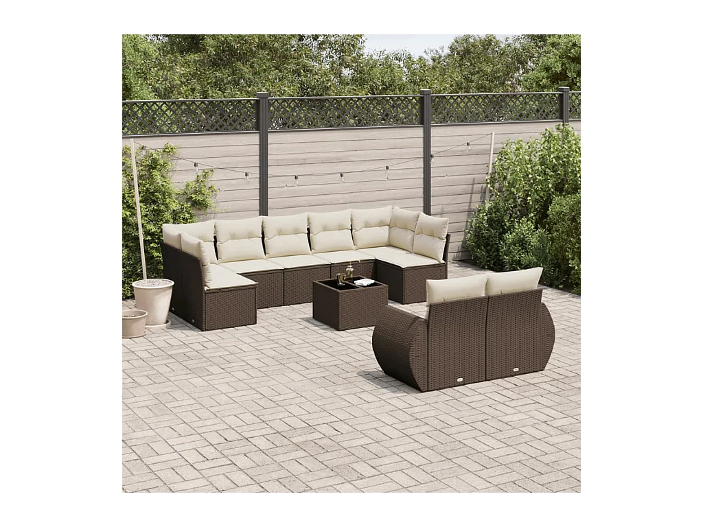 Salon de jardin 10 pcs avec coussins marron résine tressée