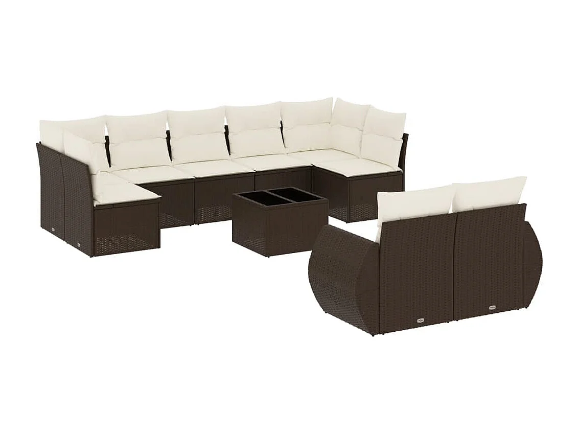 Conjunto de móveis de jardim de 10 peças com almofadas marrons em resina trançada